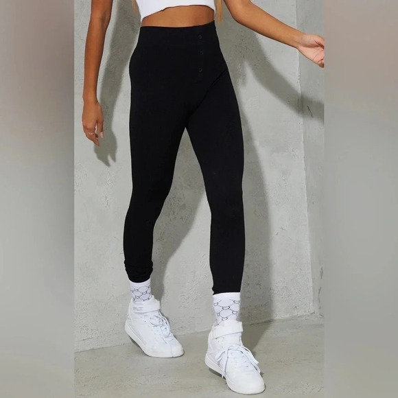 Basic Black Structured Snatched Rib Button Front Legging XS - Picture 4 of 6